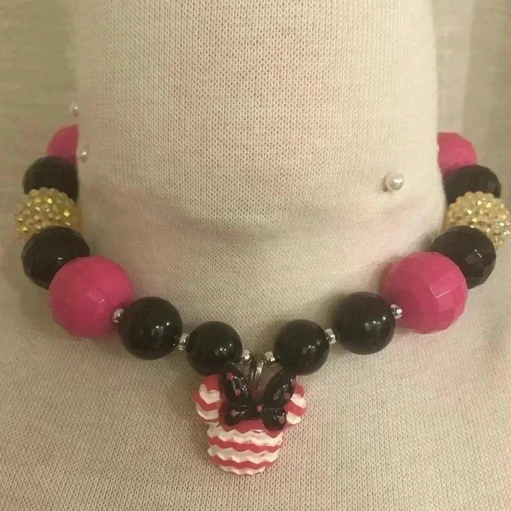 Girls Bubble Gum Bead Necklace with Minnie Mouse - Picture 1 of 9